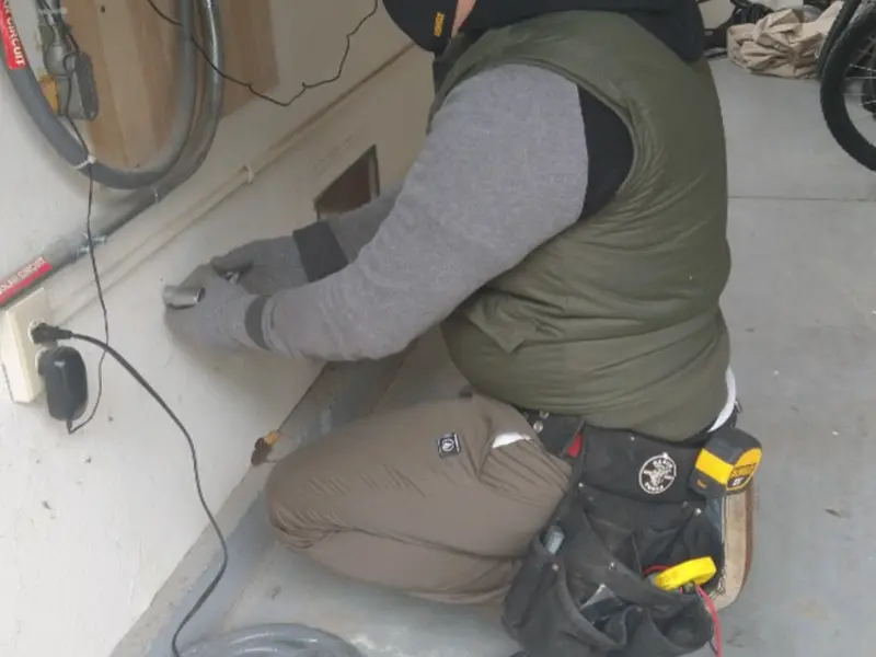 Electrician performing outlet wiring in a White Bluff garage